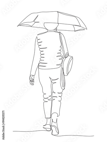 Woman with umbrella and small backpack walking away on raining weather day. Black continuous line drawing.  Vector illustration in line art style.