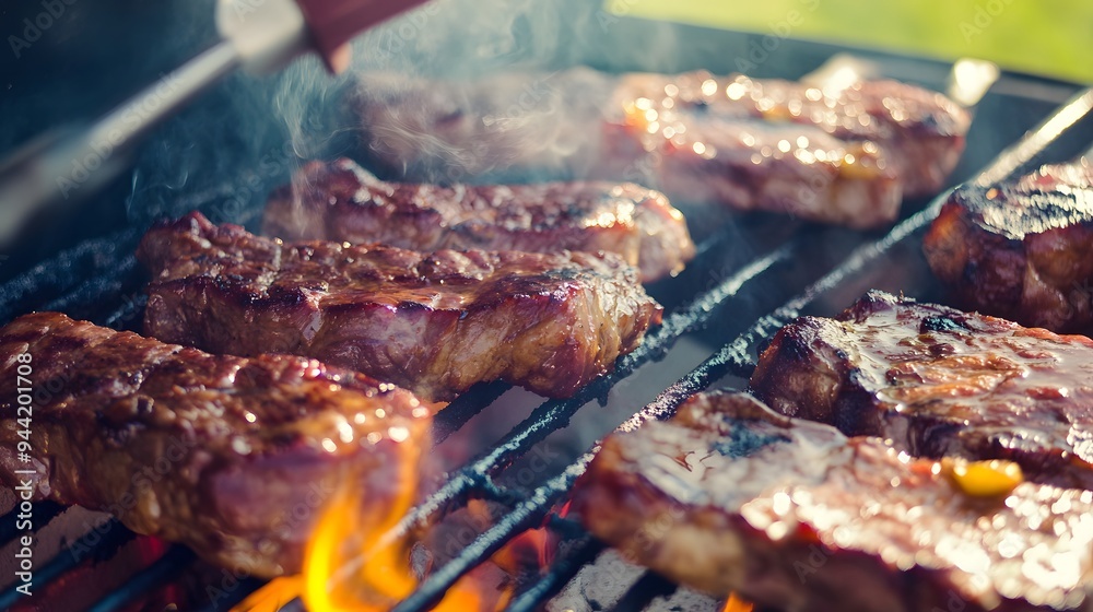 Closeup of juicy steaks grilling on a hot grill.