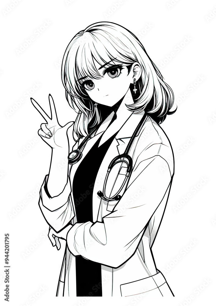 Confident Young Female Doctor Flashing Peace Sign | Stylish Black and White Vector Illustration of a Modern Medical Professional with Stethoscope Confident Young Female Doctor Flashing Peace Sign | Stylish Black and White Vector Illustration of a Modern Medical Professional with Stethoscope
