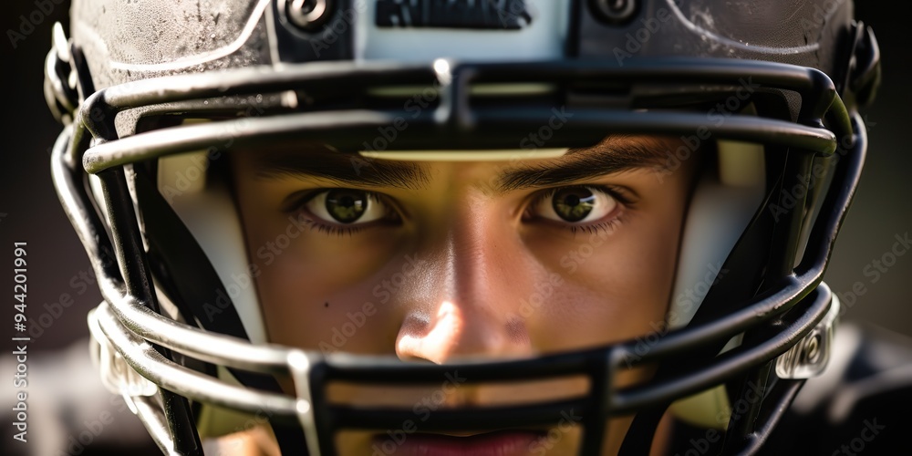 American football player head face portrait close up in helmet protection