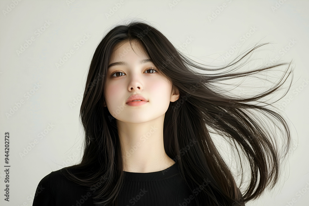 Young Woman with Flowing Hair and Gentle Expression Young Woman with Flowing Hair and Gentle Expression