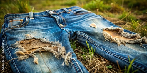 Mud-stained and torn knee area of rugged, worn-out jeans, with dirt and grass clippings clinging to the frayed threads, conveying a sense of outdoor adventure. photo