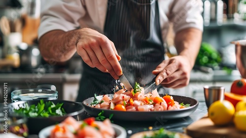 Chef Preparing Chicken Salad with Knife and Spices