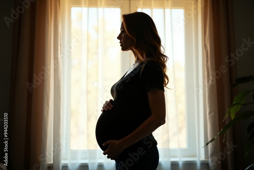 photo of silhouette pregnant woman with white curtain in background, generative AI