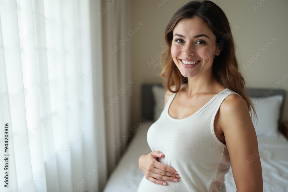 photo of pregnant woman with white curtain in background, generative AI photo of pregnant woman with white curtain in background, generative AI