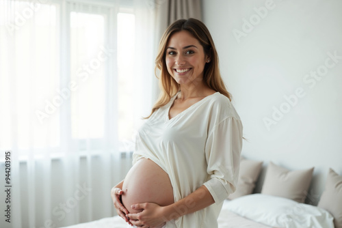 photo of pregnant woman with white curtain in background, generative AI
