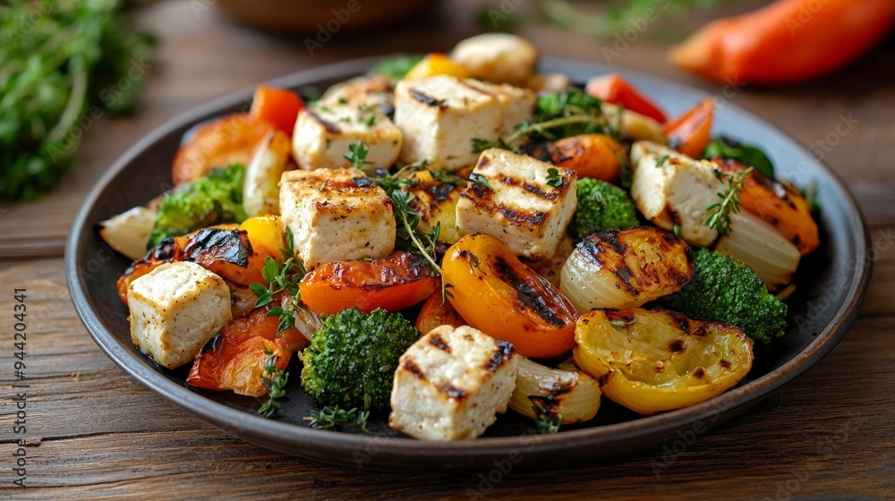A hearty plate of char-grilled vegetables with tofu, placed on a wooden table, highlighting the freshness and flavor, plant-based diet, grilled veggies, vibrant, rustic A hearty plate of char-grilled vegetables with tofu, placed on a wooden table, highlighting the freshness and flavor, plant-based diet, grilled veggies, vibrant, rustic