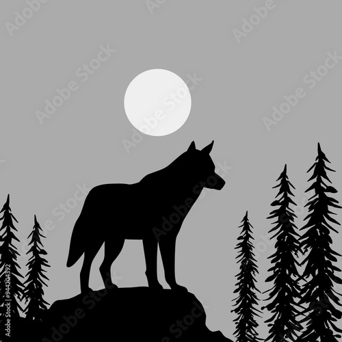 Silhouette of a Wolf at the Moon Vector Art Illustration