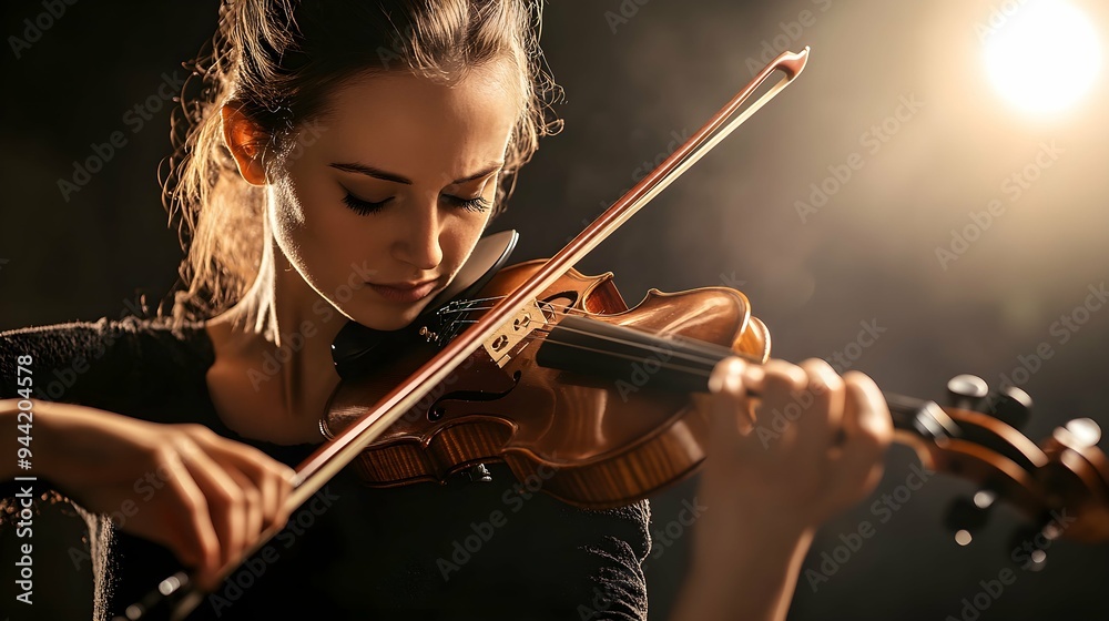 Fototapeta premium Low angle shot of concentrated female violinist playing classical music in dark studio with top light, copy space