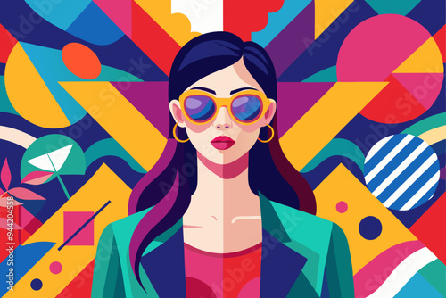 A stylish woman wearing shades in a striking, color-filled abstract background, reflecting modern fashion, creative expression, and a bold sense of individuality.
