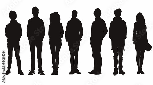 Group of people standing. Silhouette, high contrast. Plain background. Vector image