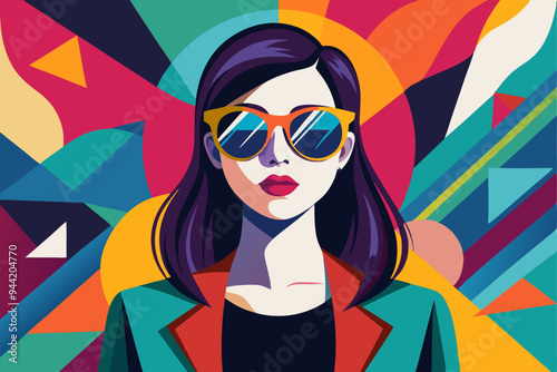 A stylish woman wearing shades in a striking, color-filled abstract background, reflecting modern fashion, creative expression, and a bold sense of individuality.
