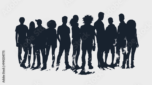 Group of people standing. Silhouette, high contrast. Plain background. Vector image