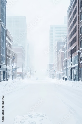 A snowy urban street with tall buildings obscured by heavy snowfall.