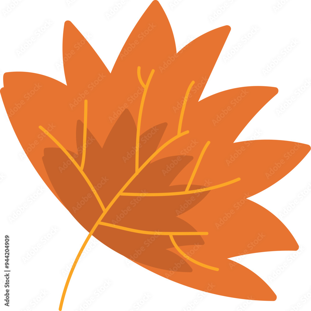 Fototapeta premium Dry herbarium maple tree leaf. Wide fallen leaf for child collection. Simple color cozy illustration. Hand drawn cartoon vector isolated on white background