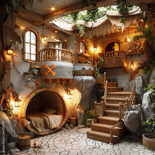 A magical and whimsical treehouse bedroom with a cozy bed, stairs, and a balcony overlooking a lush green forest. photo