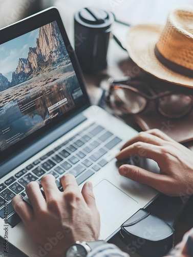 Man using a modern laptop for booking hotel online. Tour reservation