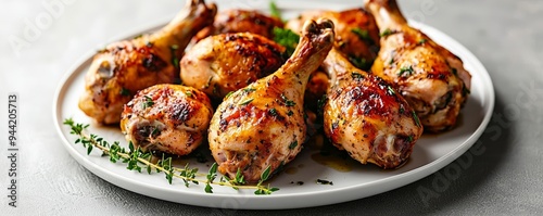 Golden-brown roasted chicken legs with thyme sprigs on a white plate, emphasizing the crispy texture, roast dinner, poultry dish, savor, aromatic photo