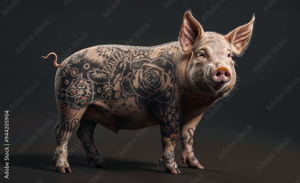 Fototapeta premium Pig with intricate tattoo designs covering its body. Realistic portrait isolated against dark background. Unusual blend of farm animal and artistic expression.