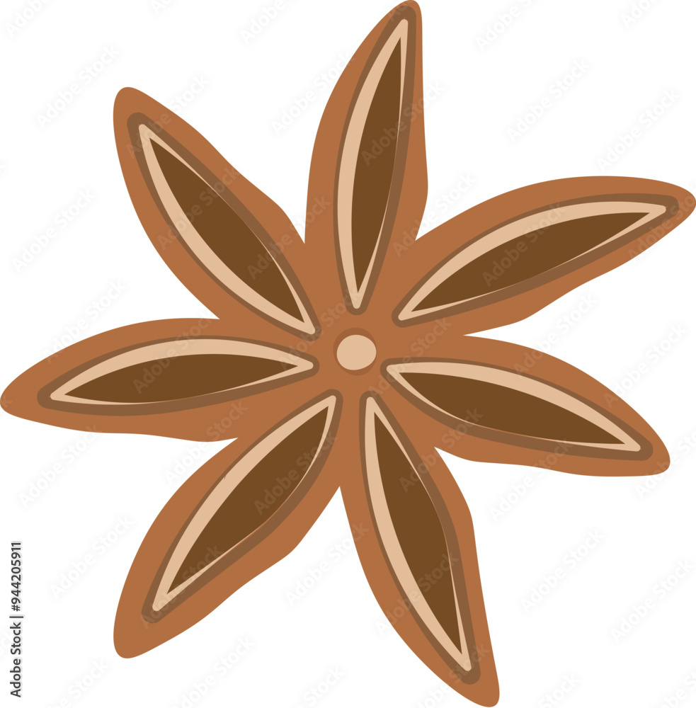 Anise spice pod in shape of open flower. Six pointed dry fruit exotic spices. Simple color cozy illustration. Hand drawn cartoon vector isolated on white background Anise spice pod in shape of open flower. Six pointed dry fruit exotic spices. Simple color cozy illustration. Hand drawn cartoon vector isolated on white background
