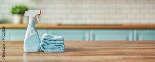 Household cleaning kit on a wooden countertop, with a softly blurred kitchen behind, emphasizing cleanliness and order, kitchen cleaning, supplies, pristine, organized photo