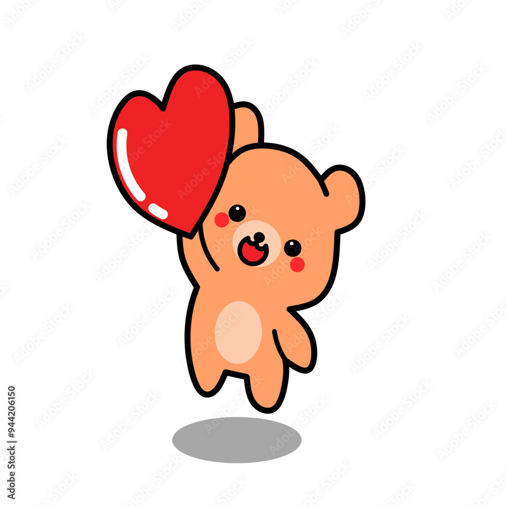 Teddy bear holding heart and flying in kawaii style. vector illustration