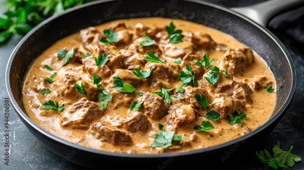 Traditional beef stroganoff with tender veal and creamy sauce Traditional beef stroganoff with tender veal and creamy sauce