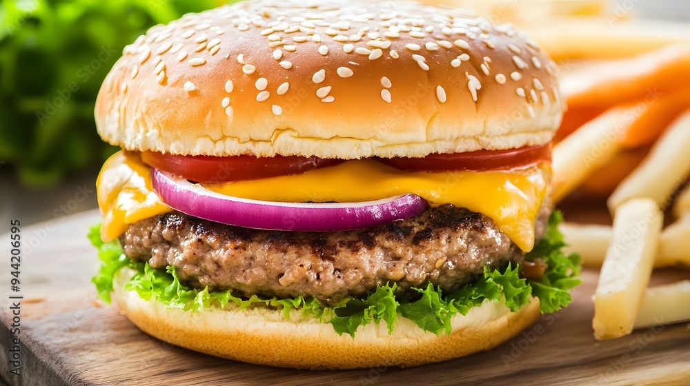 A juicy cheeseburger with lettuce, tomato, and onion. A juicy cheeseburger with lettuce, tomato, and onion.