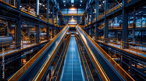 A large industrial building with a conveyor belt running through it