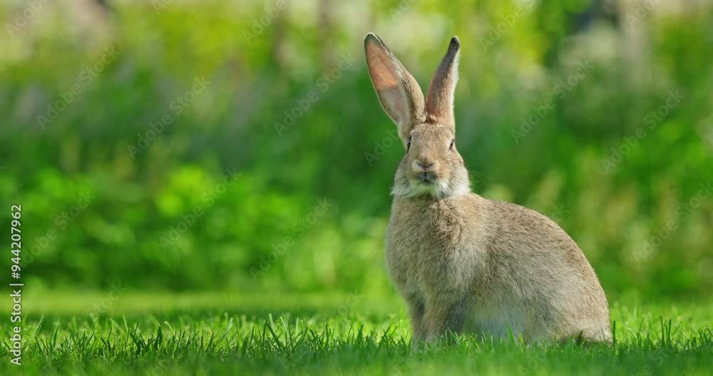 Portrait of a cute long-eared rabbit on a sunny green lawn. Portrait of a cute long-eared rabbit on a sunny green lawn.