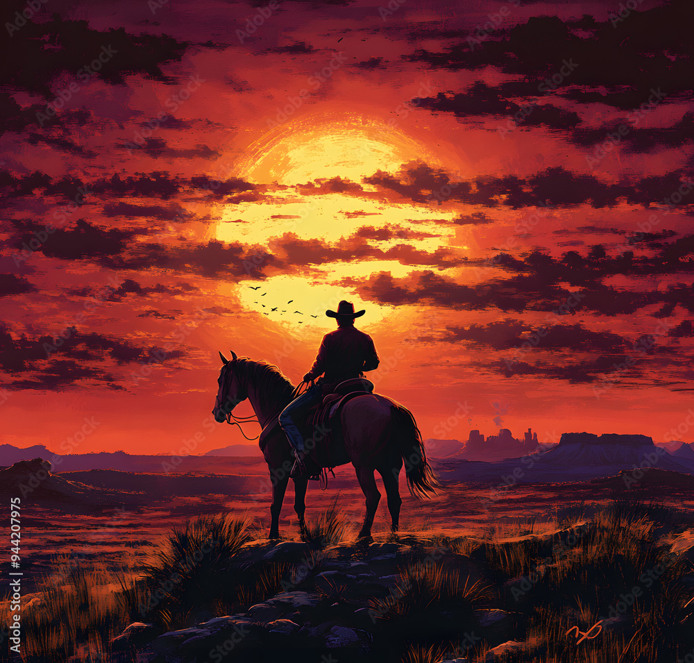 a lone cowboy on horseback, western sunset, realistic illustrati a lone cowboy on horseback, western sunset, realistic illustrati