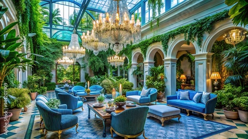 Opulent Oasis Terrace: Extravagant outdoor space with plush greenery, crystal chandeliers, cool blue tones, and a touch of royalty photo