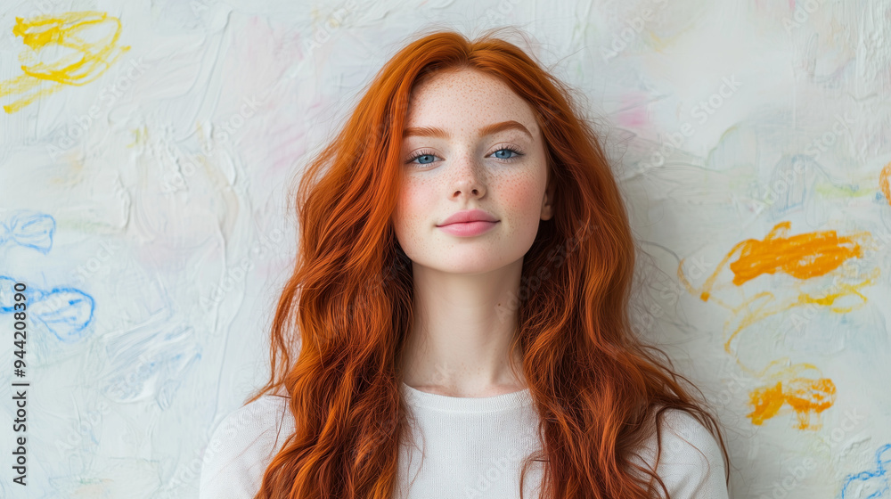 Portrait of a red-haired young woman in white clothes, with an abstract pattern painted on a white textured background. Portrait of a red-haired young woman in white clothes, with an abstract pattern painted on a white textured background.