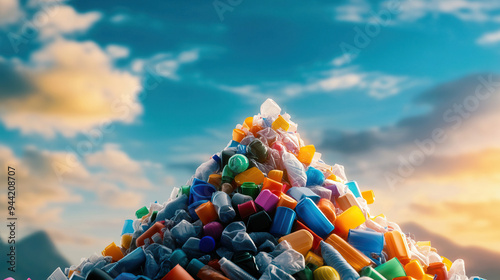 A colorful pile of plastic waste under a bright sky, symbolizing environmental issues and the need for recycling efforts.