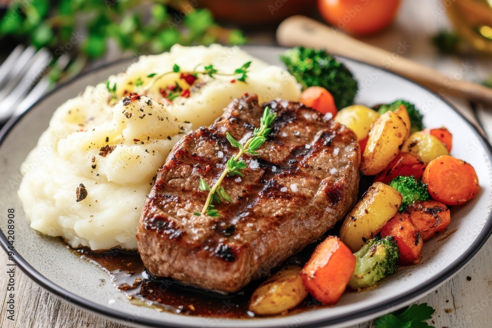 grilled steak with herb-seasoned mashed potatoes and roasted vegetables grilled steak with herb-seasoned mashed potatoes and roasted vegetables