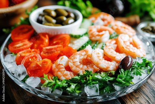 chilled shrimp cocktail platter with fresh vegetables, olives, and ice