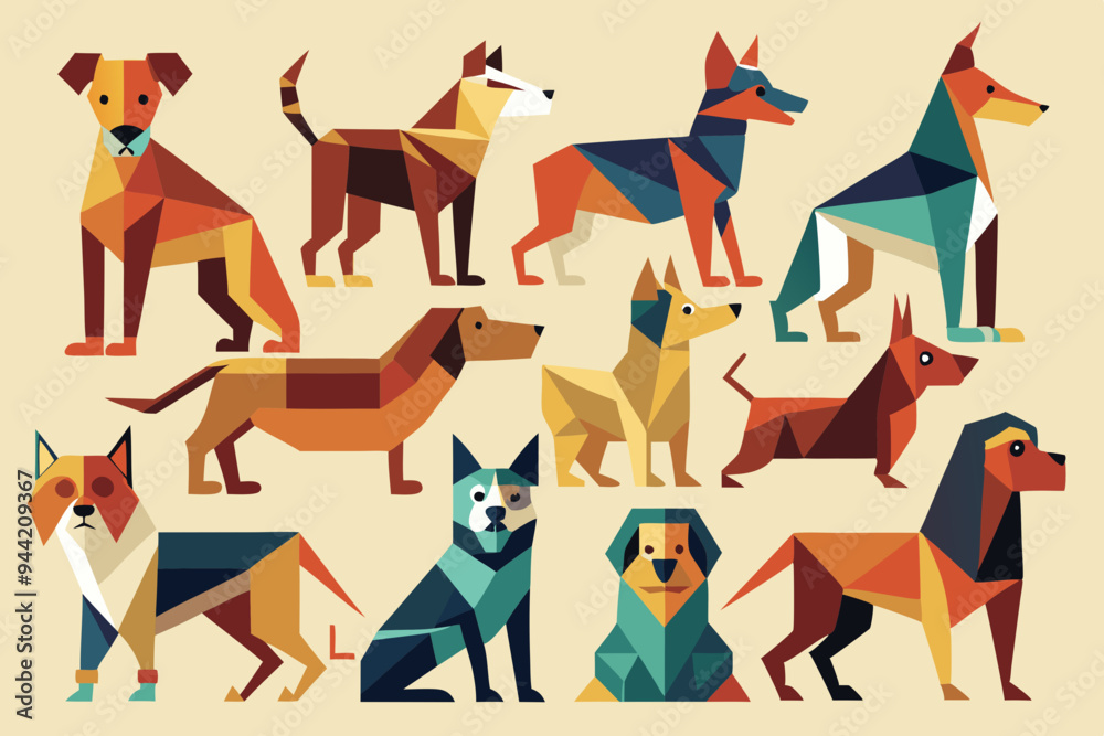 Obraz premium A collection of fifteen dogs, illustrated in various geometric styles and poses, set against a beige background, capturing the essence of different breeds through artistic abstraction. 