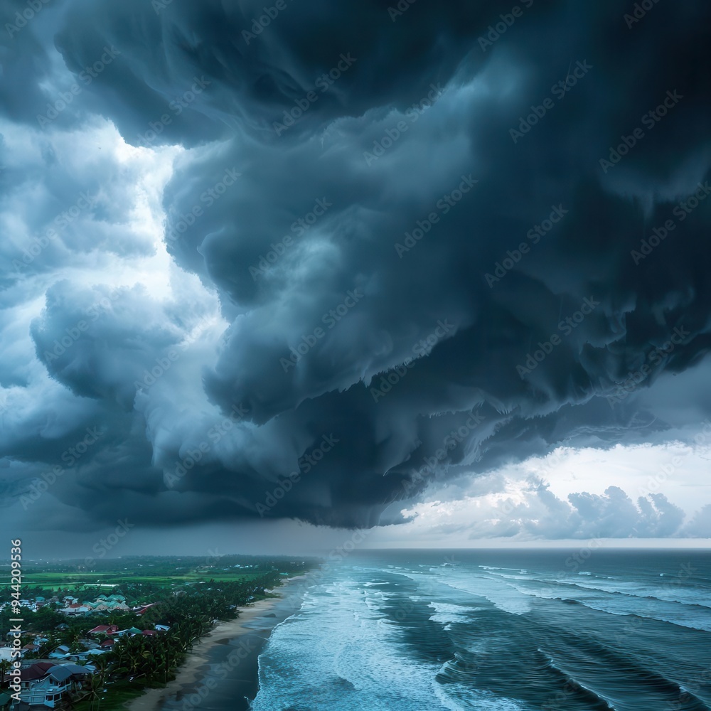 Fototapeta premium Tropical storm approaching a coastal town, stormy weather, heavy rain and wind