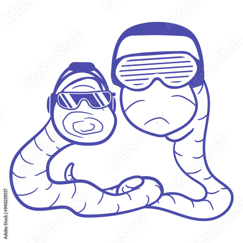 Two Worms Friends Team Duo Crew Couple Animal Head Enjoy Music DJ Face Headphone Sunglasses Party Night Listen Loud Bass Sound Dancing Clubber Raver Comic Fun Disco Club Band Concert Techno Discothek
