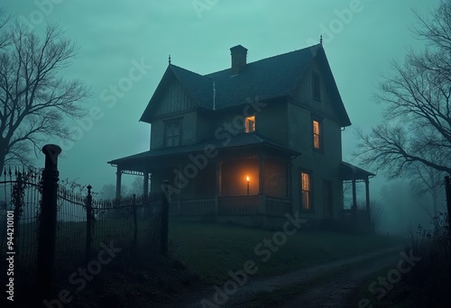 Eerie old house illuminated by a single light amidst foggy surroundings.