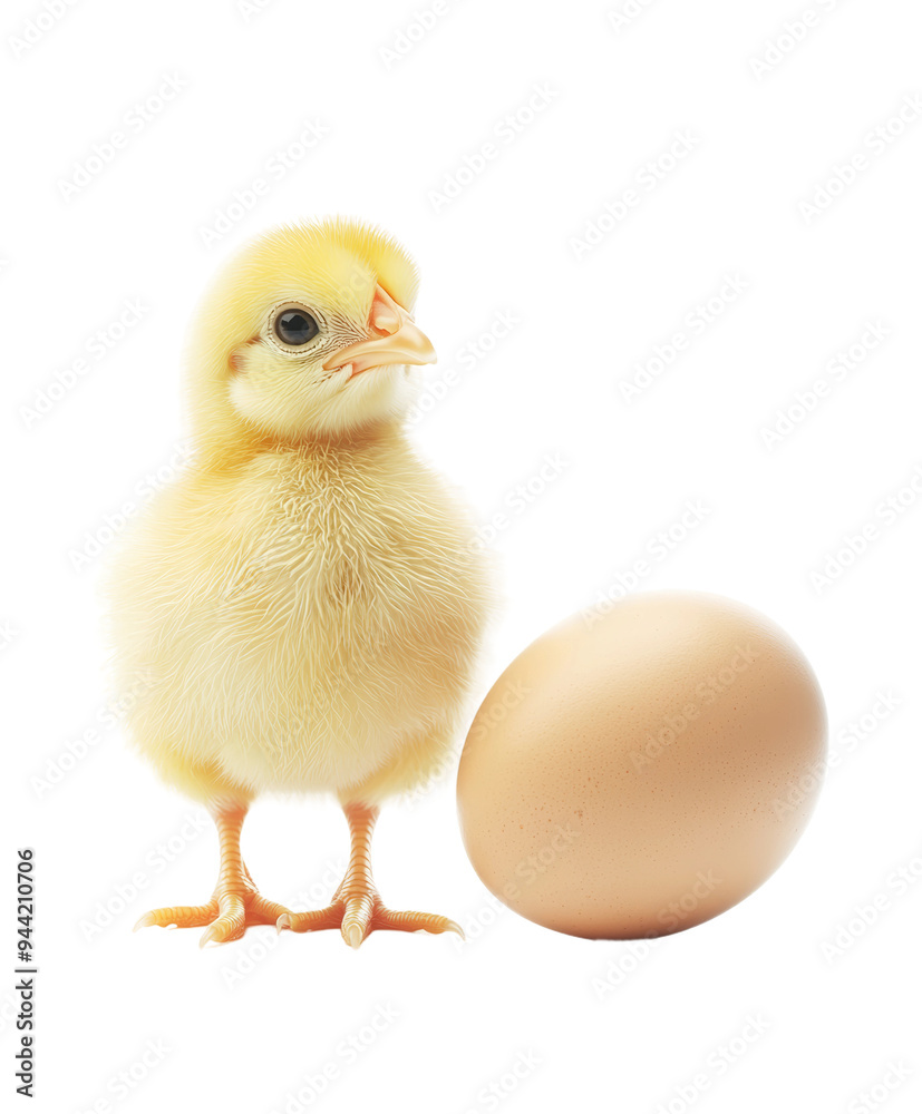 Obraz premium A fluffy yellow chick stands next to a smooth brown egg, symbolizing new beginnings and the cycle of life. Transparent background PNG