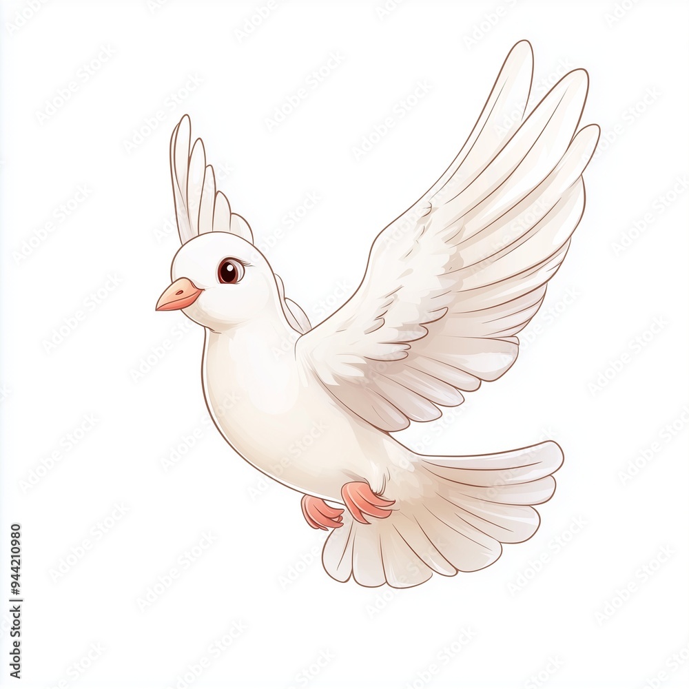 Fototapeta premium Playful Cartoon of White Wedding Dove Mid-Flight with Cheerful Expression, Wings Flapping, Soft Gradients, Bright Lines, Pastel Colors, Whimsical Vector Art