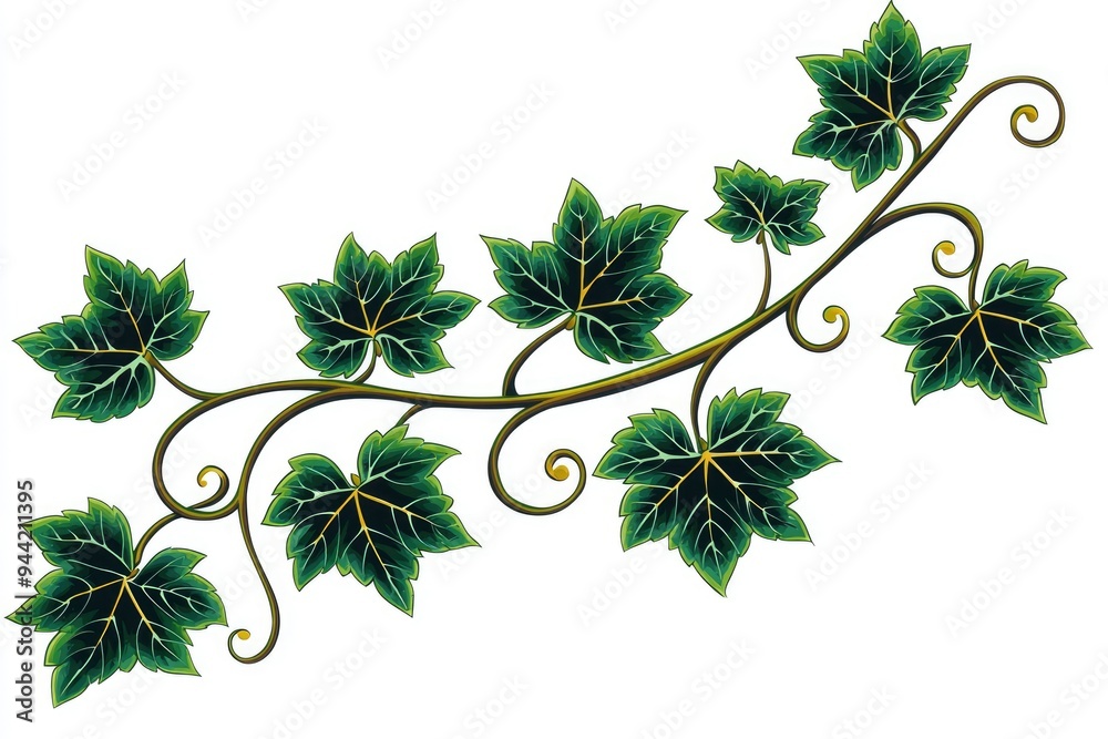 Green Vine With Lush Leaves Isolated on White Background
