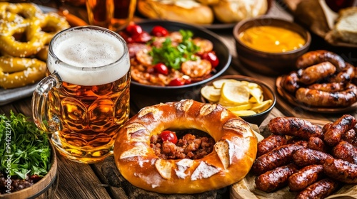 A hearty spread of traditional German dishes featuring pretzels, sausages, and beer at a festive gathering photo