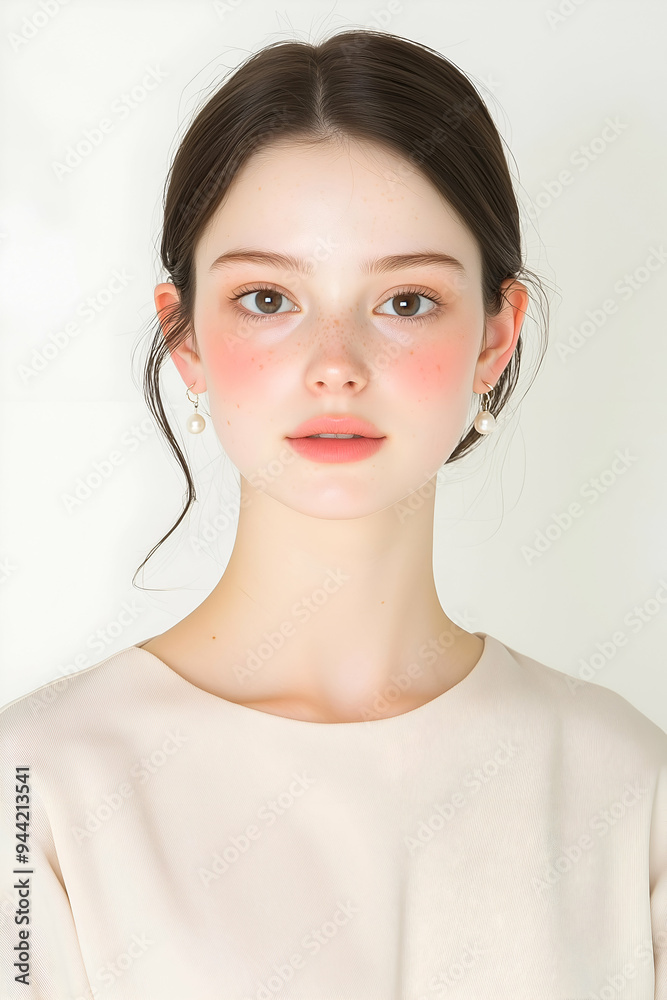 Elegant Young Woman with Natural Makeup and Pearl Earrings Elegant Young Woman with Natural Makeup and Pearl Earrings