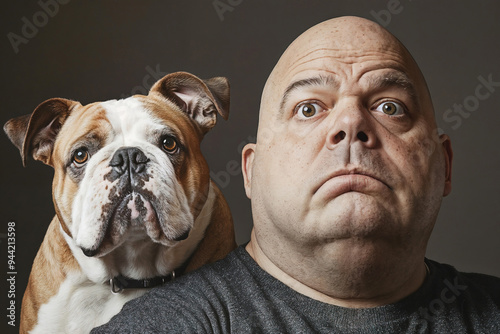 Portrait of a man and a Bulldog. Dog and owner look very similar. The scene is cheerful and playful.