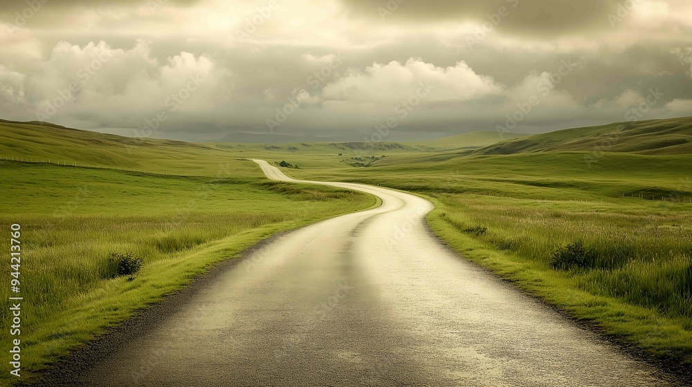 Winding paved road leading through green hills under cloudy sky Winding paved road leading through green hills under cloudy sky