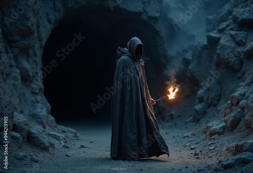 Mysterious hooded figure holding torch in rocky cave entrance at dusk.