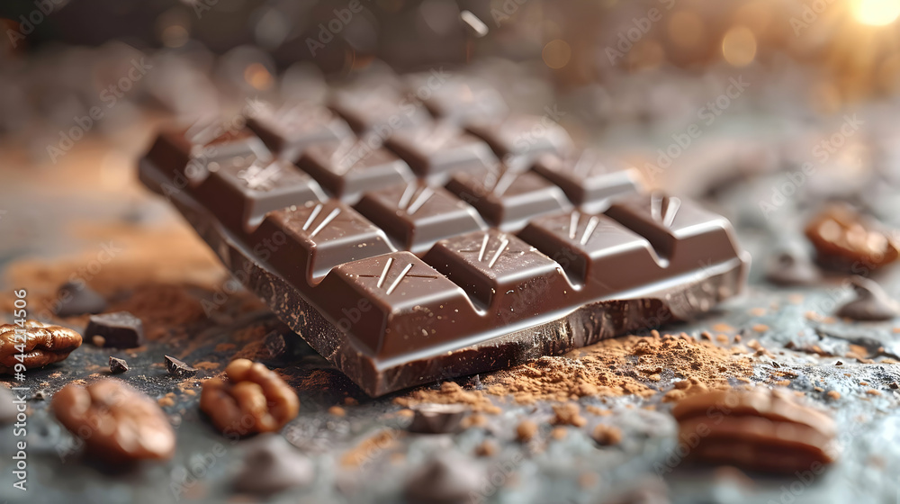 Dark Chocolate Bar with Pecan Nuts and Cocoa Powder - Realistic Food Photography
