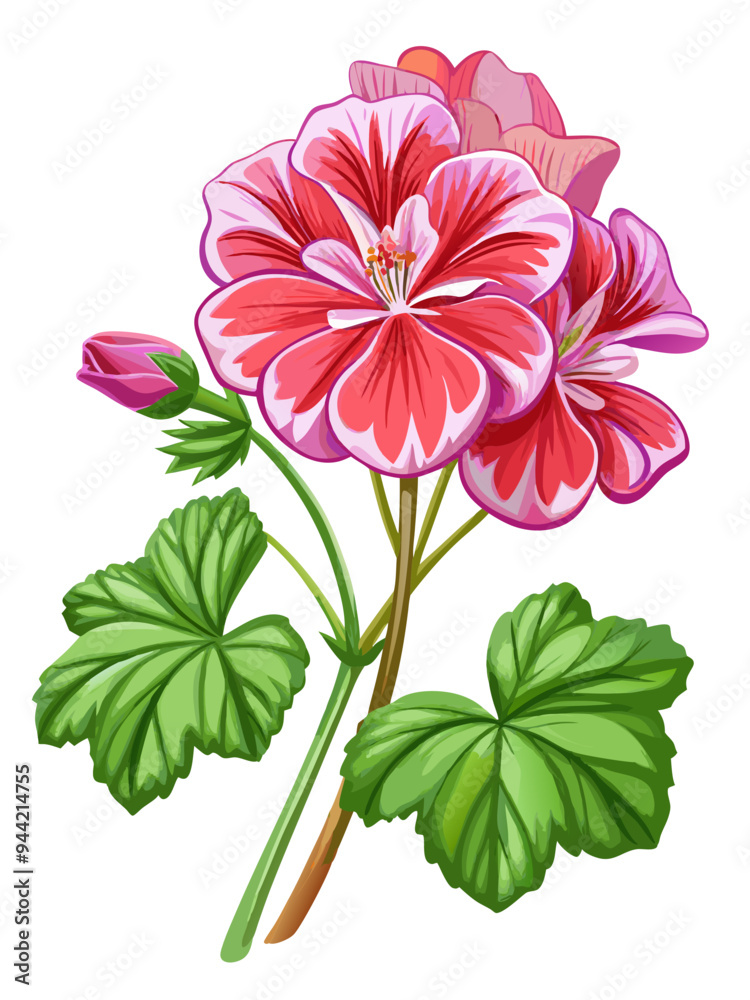 Vibrant Pink Geranium Flowers with Green Leaves Illustration - illustration of vibrant pink geranium flowers surrounded by lush green leaves. Perfect for botanical, floral, and nature-themed designs. Vibrant Pink Geranium Flowers with Green Leaves Illustration - illustration of vibrant pink geranium flowers surrounded by lush green leaves. Perfect for botanical, floral, and nature-themed designs.